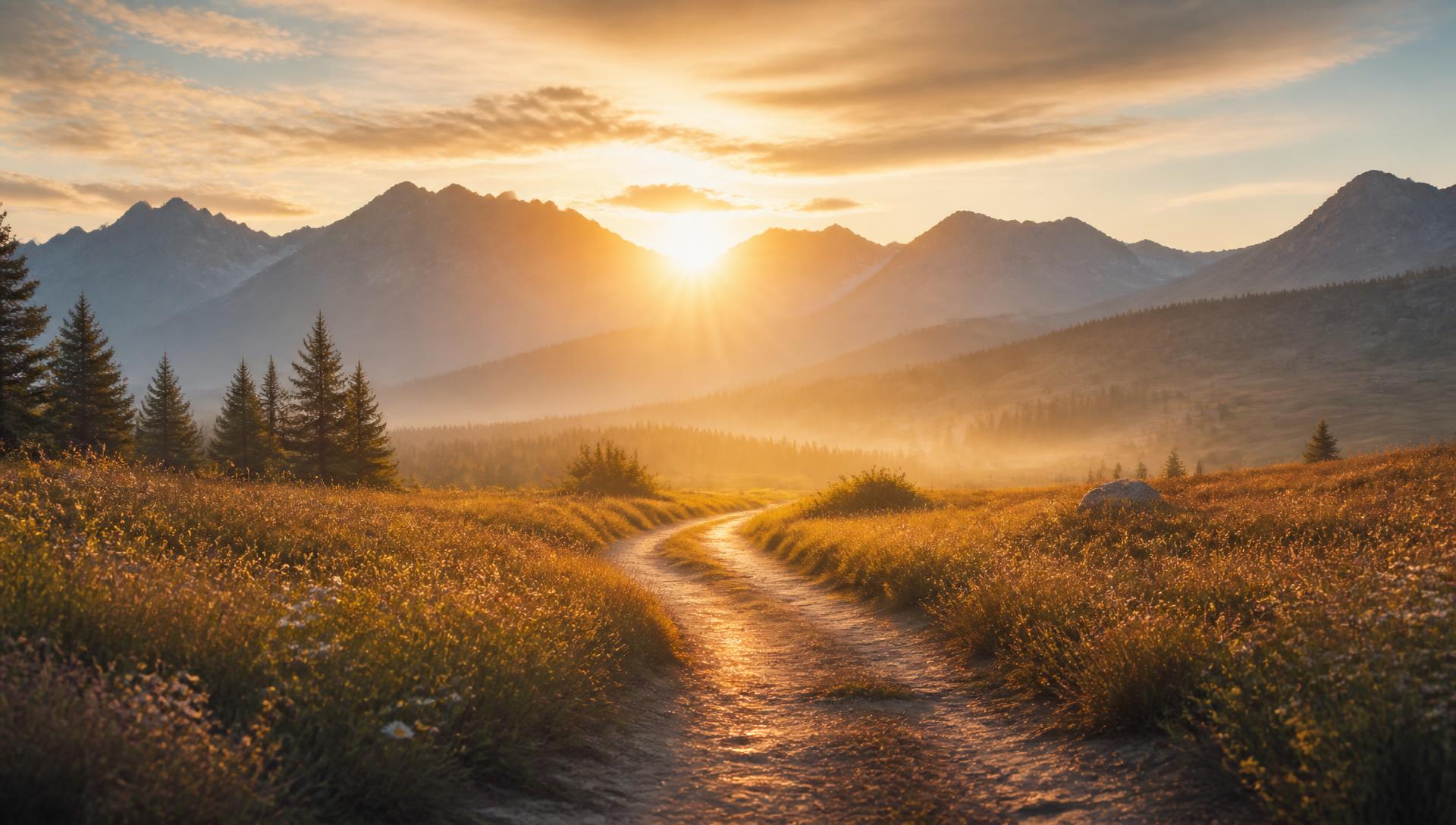 Sunrise light shining down a winding path through an Idaho mountain meadow
